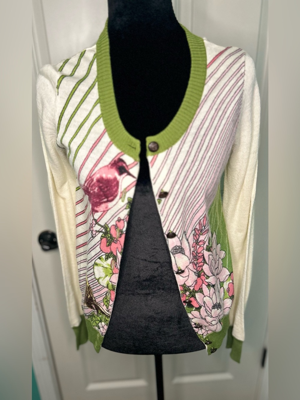 Anthropologie Knitted Dove Bird Floral Cardigan Sweater Green Pink Med Vintage